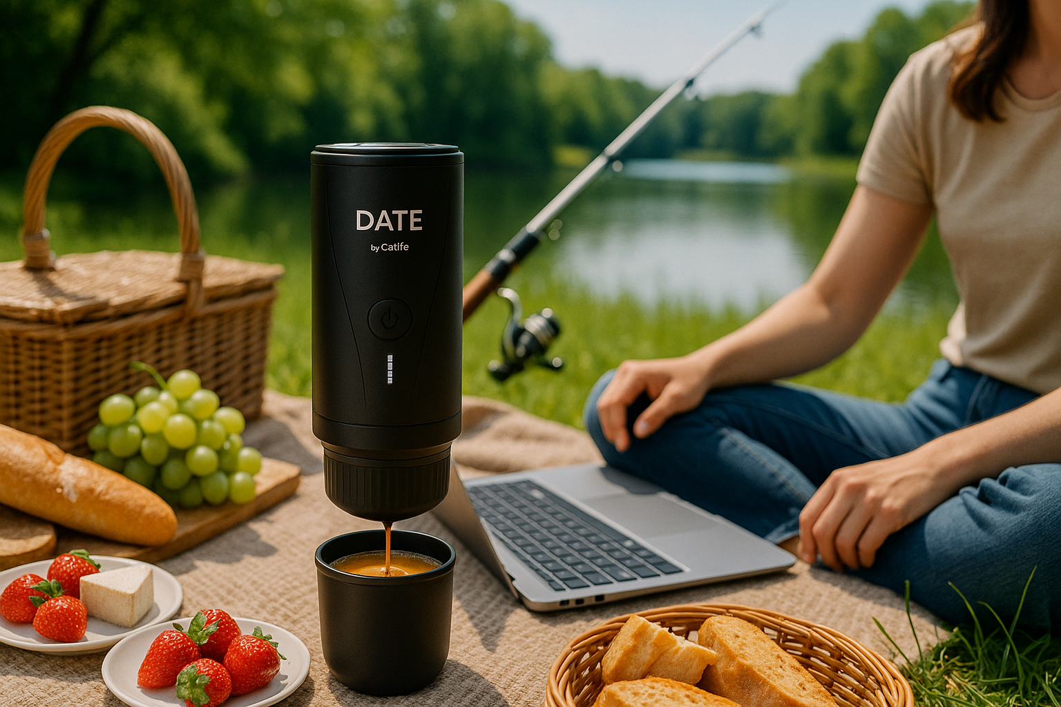Eine Picknick-Szene zeigt eine Kaffeemaschine, Essen, einen Laptop und eine Person an einem See. Erdbeeren, Trauben, Brot und Kaffee sind sichtbar.