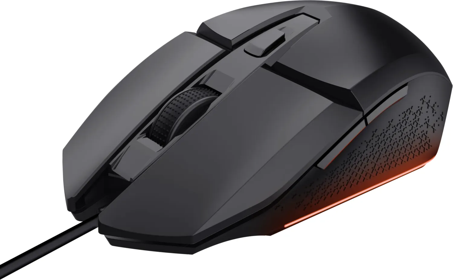 Schwarze Computermaus mit Scrollrad, Tasten und Kabel. Die Unterseite hat ein rotes Licht.