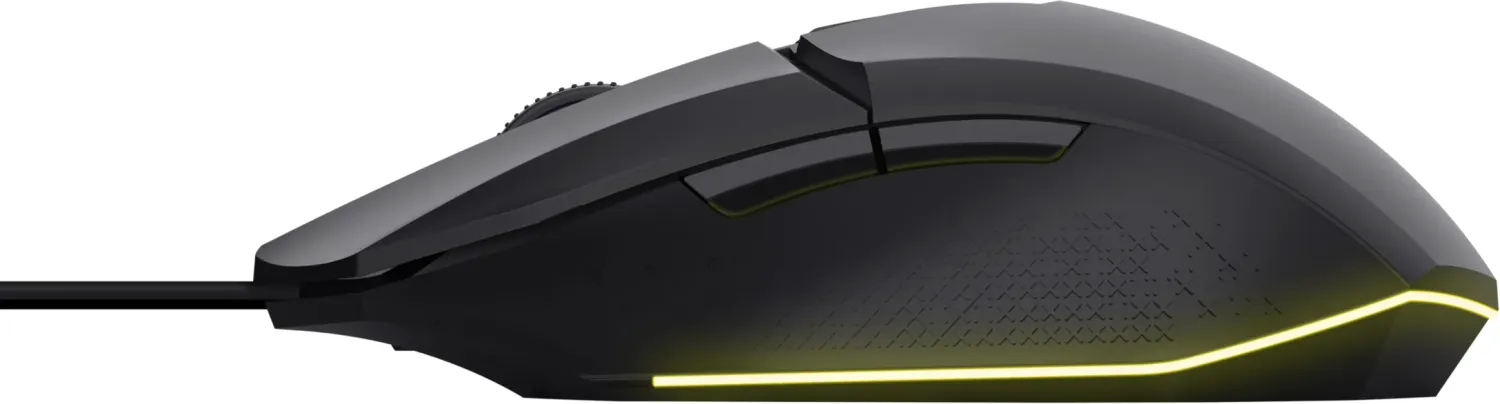 Schwarze Gaming-Maus mit gelben Akzenten. Verfügt über Tasten, ein Scrollrad und eine gemusterte Oberfläche mit einem schwarzen Kabel.