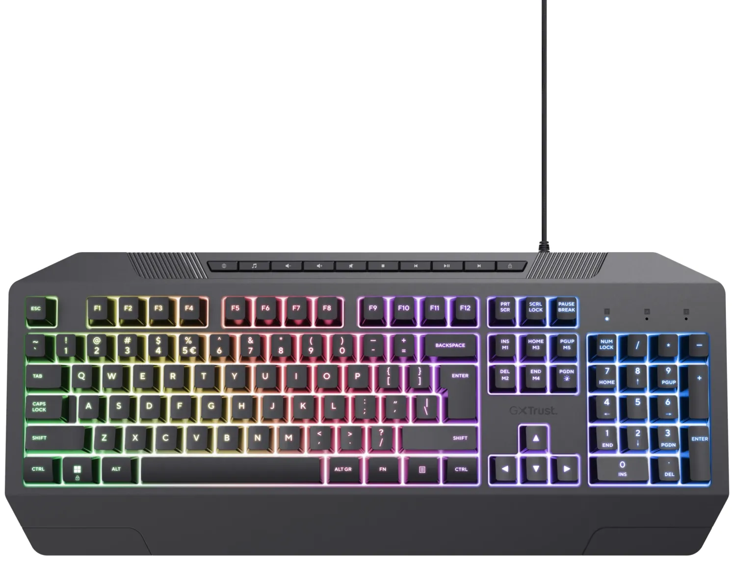 Eine schwarze, hintergrundbeleuchtete Gaming-Tastatur mit farbigen Tasten. Sie hat Funktionstasten, einen Ziffernblock und ein USB-Kabel.