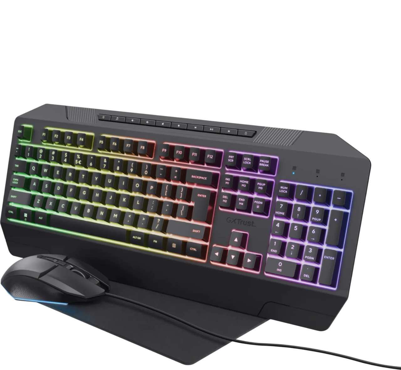 Eine hintergrundbeleuchtete schwarze Tastatur mit Maus. Tasten sind mehrfarbig. Die Tastatur befindet sich auf einem schwarzen Mauspad. Der Hintergrund ist schwarz.