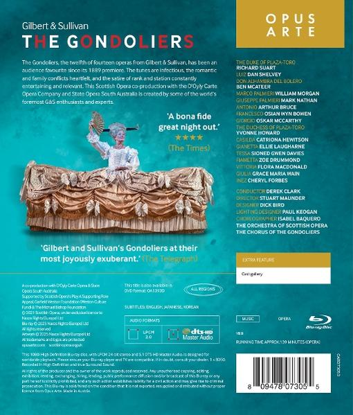 Blu-ray-Cover für 'The Gondoliers'. Eine Person in Kostüm steht vor einem dekorierten Hintergrund. Text beschreibt die Oper.
