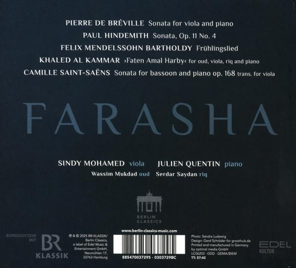 Albumcover mit Text: Namen der Komponisten, Albumtitel 'FARASHA' und Künstlernamen. Dunkelblauer Hintergrund mit weißem Text.