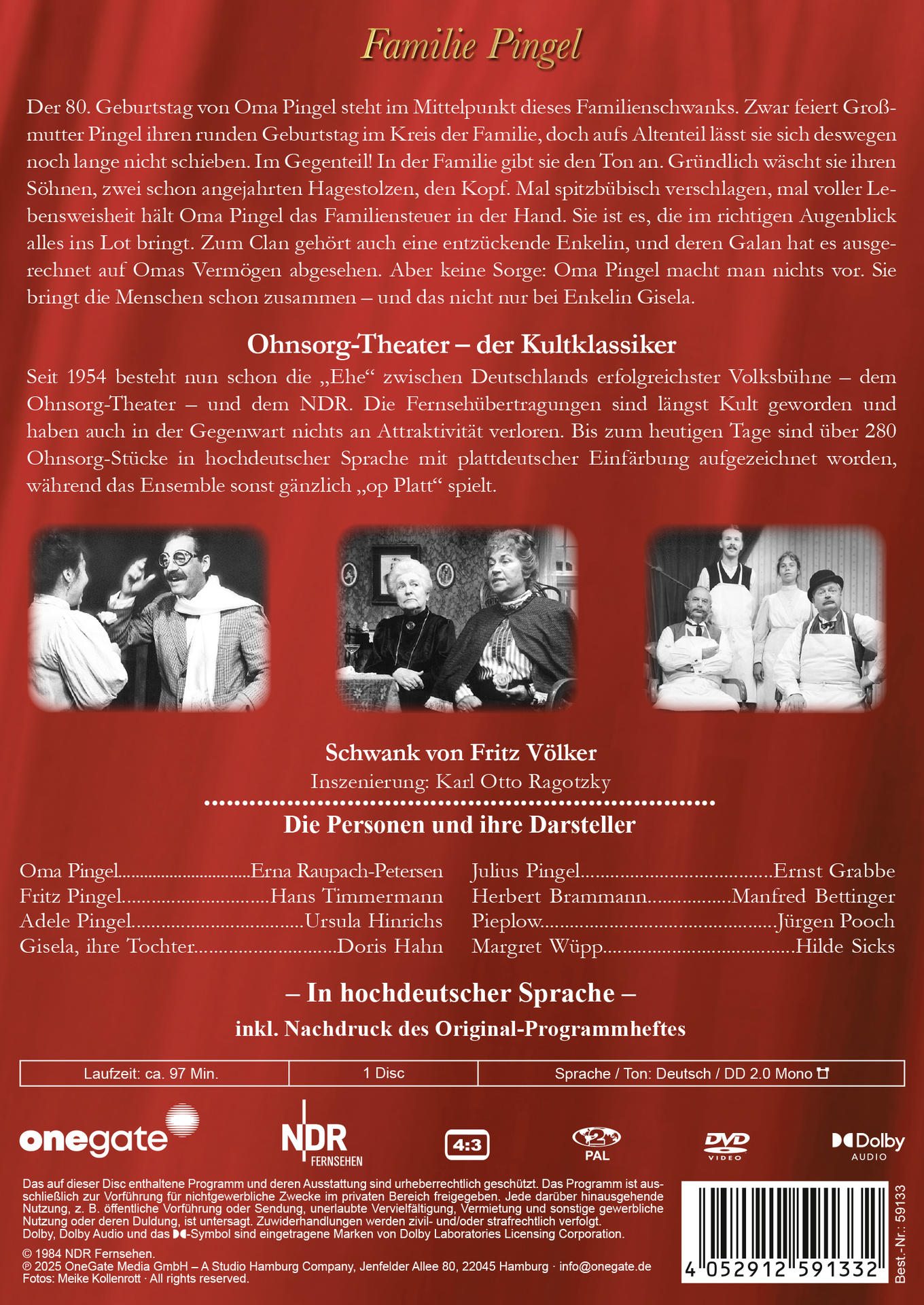 DVD-Cover. Text: Familie Pingel, Ohnsorg-Theater, NDR. Auflistung von Cast und Crew. Laufzeit und Disc-Info.