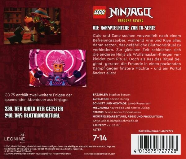 Lego Ninjago-Box. Sie zeigt Charaktere, Text und das Lego-Logo. Der Hintergrund ist weiß mit etwas Text.