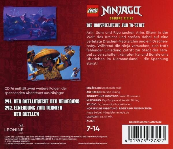 LEGO Ninjago CD-Cover. Enthält Charaktere, Text und Logo. Dunkelroter Hintergrund mit LEGO- und Ninjago-Branding.
