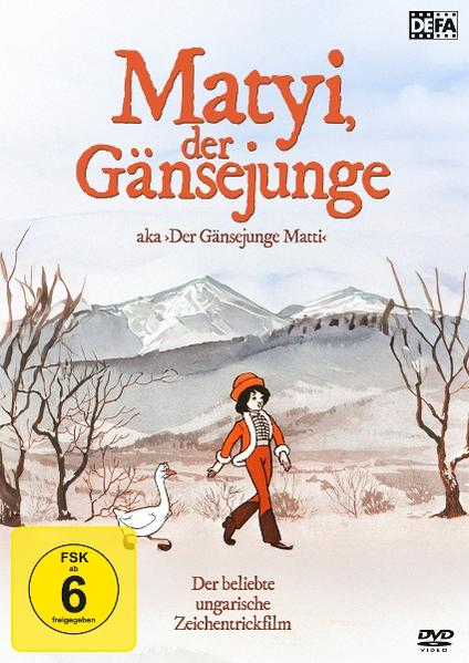 Filmplakat mit dem Titel "Matyi, der Gänsejunge". Ein Junge in Orange geht, eine Gans steht in der Nähe. Berge im Hintergrund.