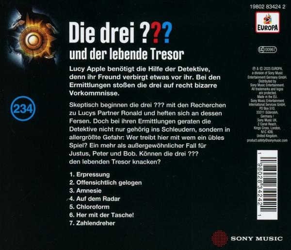 CD-Cover für 'Die drei ??? und der lebende Tresor'. Text und Logo. Ein rundes Objekt mit Schlüsselloch in der linken Ecke.