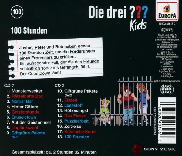 CD-Cover für Die drei ??? Kids, mit drei Jungen hinter Gittern. Text enthält Episodentitel und das Europa-Logo.