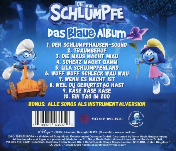 Albumcover mit Schlümpfen. Ein Schlumpf auf einem Fahrzeug und eine Schlumpfine mit einer Blume, mit deutschem Text.