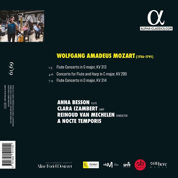 Albumcover mit Text über Mozarts Musik und Interpreten wie Anna Besson, Clara Izambert und Reinoud Van Mechelen.