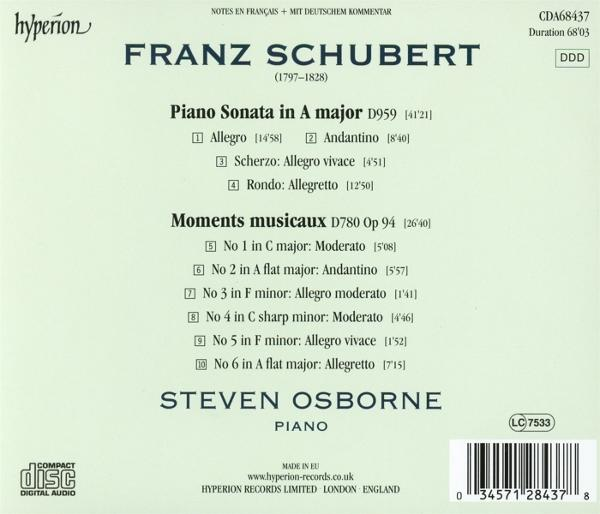 CD-Hülle mit Franz Schuberts Namen und Kompositionsdetails. Steven Osborne spielt Klavier. Der Hintergrund ist hellgrün.
