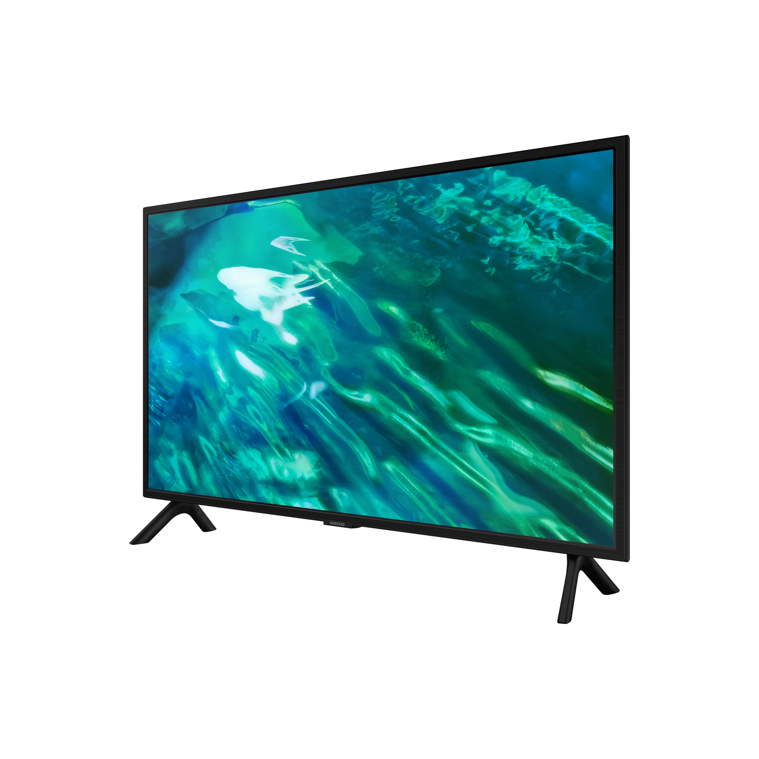 A black Samsung TV on a white background. The screen displays a green and blue abstract image. The TV has black legs.