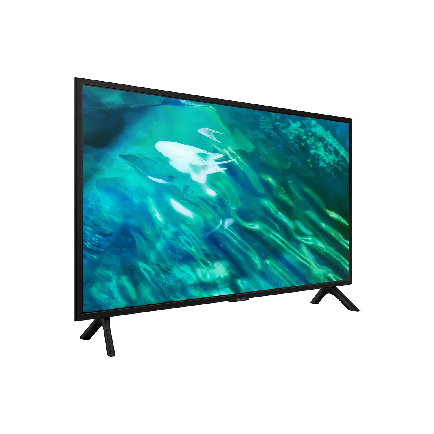 A black Samsung TV is angled slightly to the right. The screen displays a green and white abstract design. It has two black legs.
