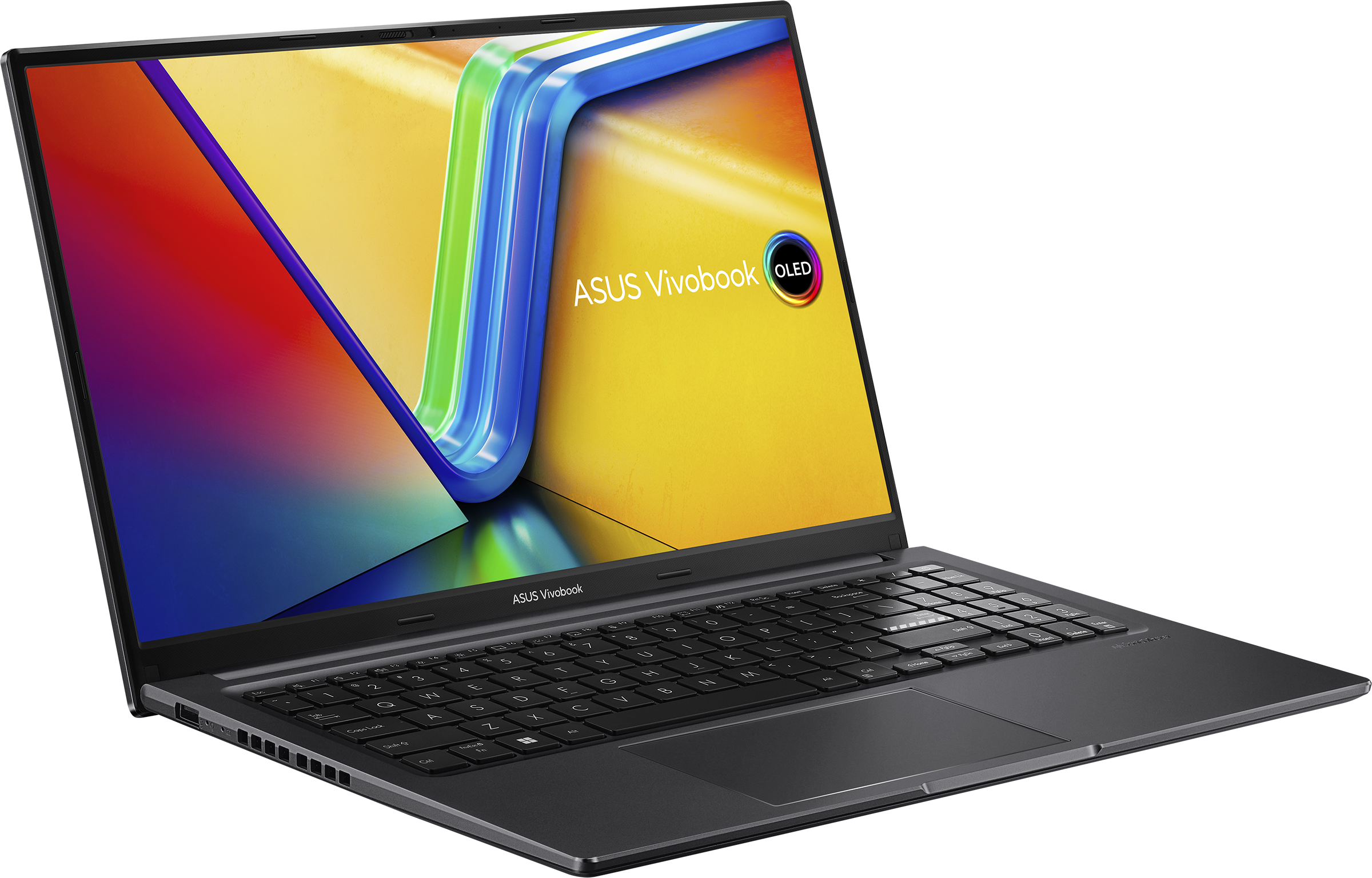 Ein offenes ASUS Vivobook-Laptop. Der Bildschirm zeigt farbenfrohe Grafiken. Die Tastatur ist schwarz und das Gehäuse grau.