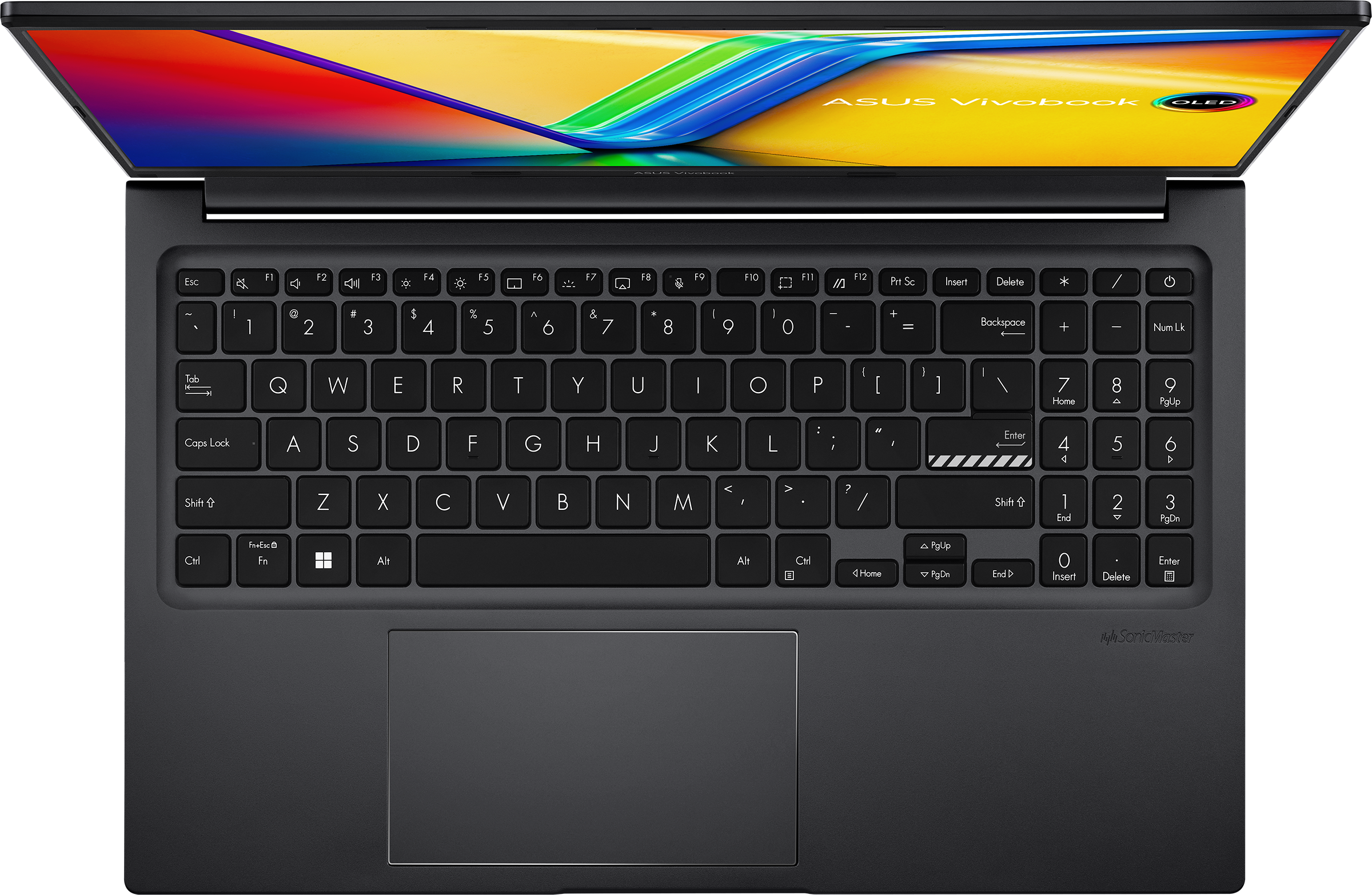 Laptop-Tastatur, schwarze Tasten, silberner Rand, Bildschirm zeigt farbenfrohes Bild, Trackpad unten.