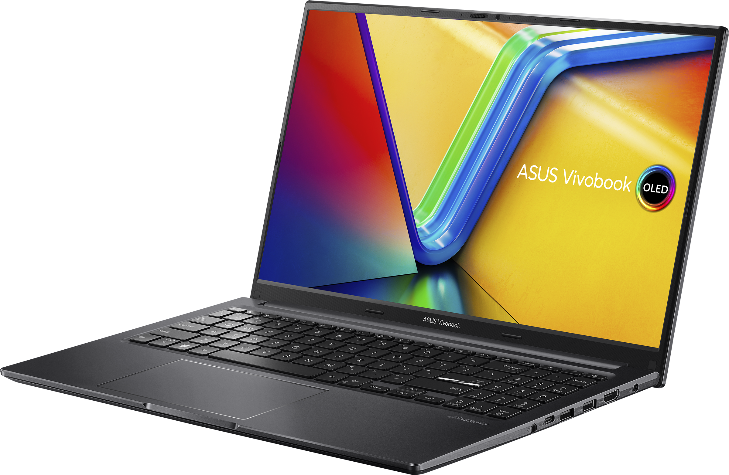 Ein geöffneter Laptop mit farbenfrohem Bildschirm. Die Tastatur ist sichtbar. Der Hintergrund ist ein Blau-Grau-Verlauf.