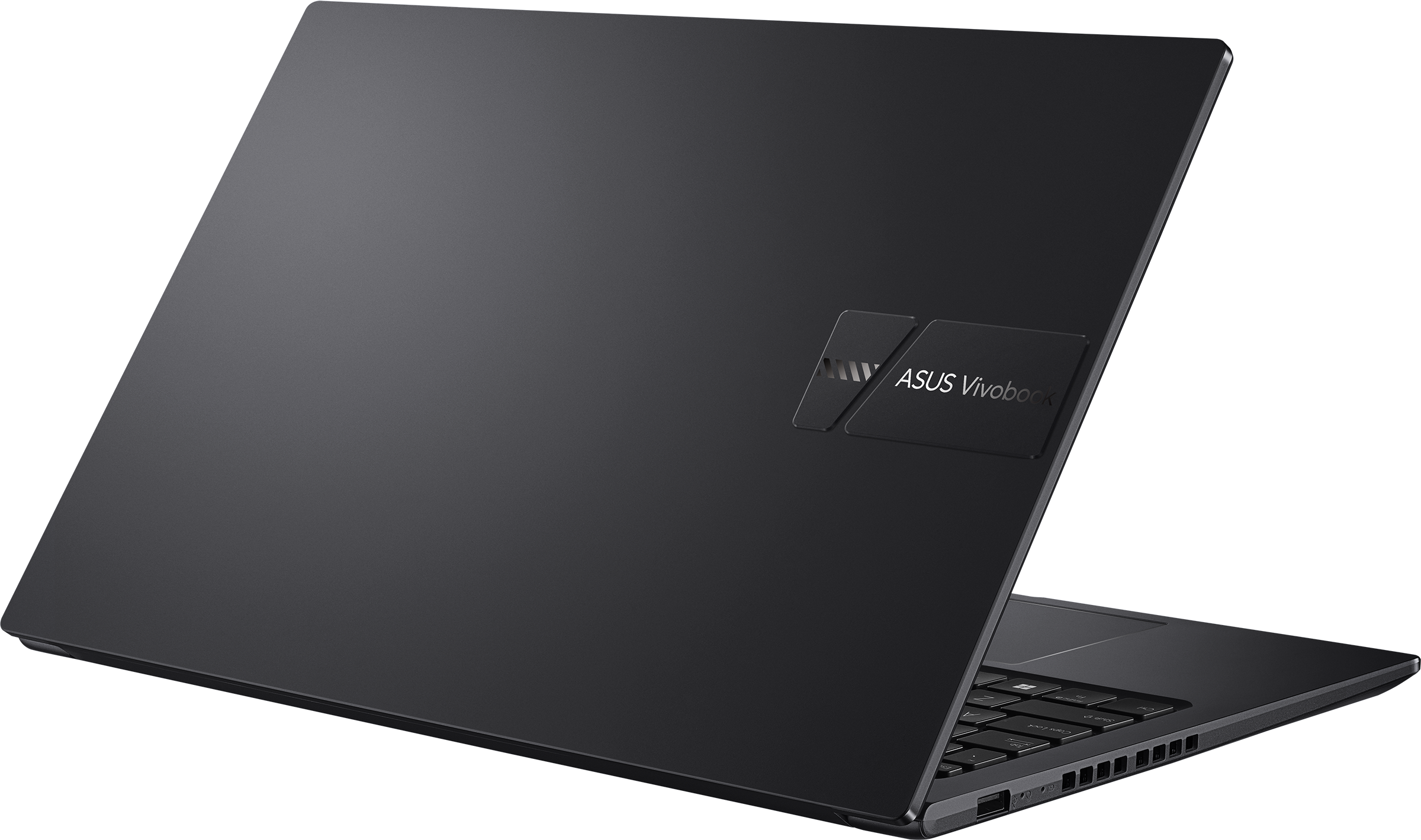 Schwarzer ASUS Vivobook Laptop. Der Deckel ist geöffnet und gibt die Tastatur frei. Der Hintergrund ist ein dunkler Blauton.