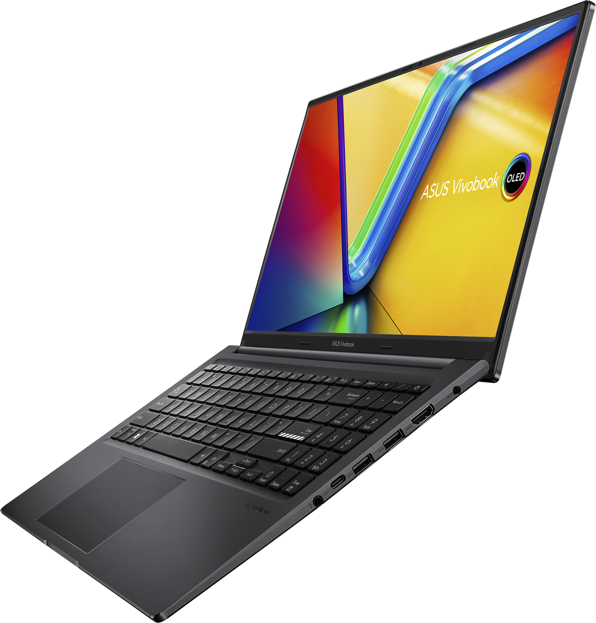 Ein dunkelgraues ASUS Vivobook-Laptop ist geöffnet. Der Bildschirm zeigt einen bunten Hintergrund. Die Tastatur ist sichtbar.