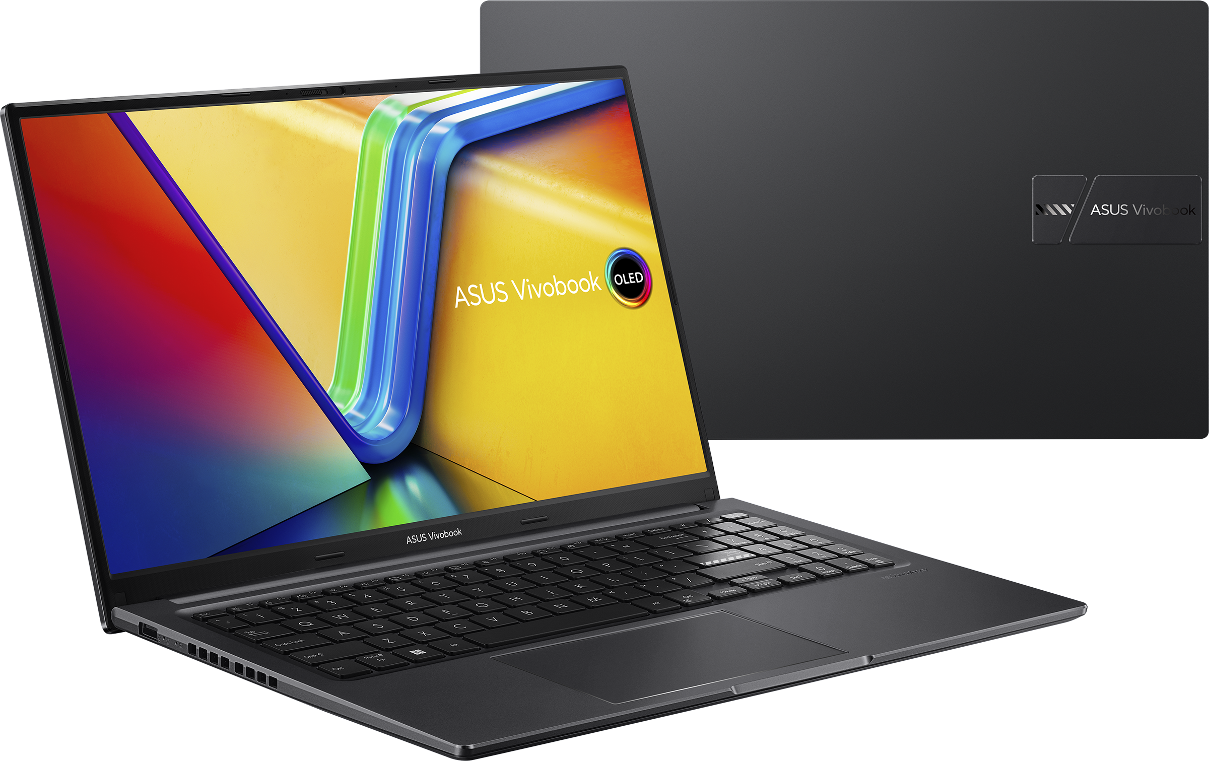 ASUS Vivobook Laptop mit lebendigem Display. Der Bildschirm zeigt ein farbenfrohes Bild. Die Tastatur ist sichtbar.