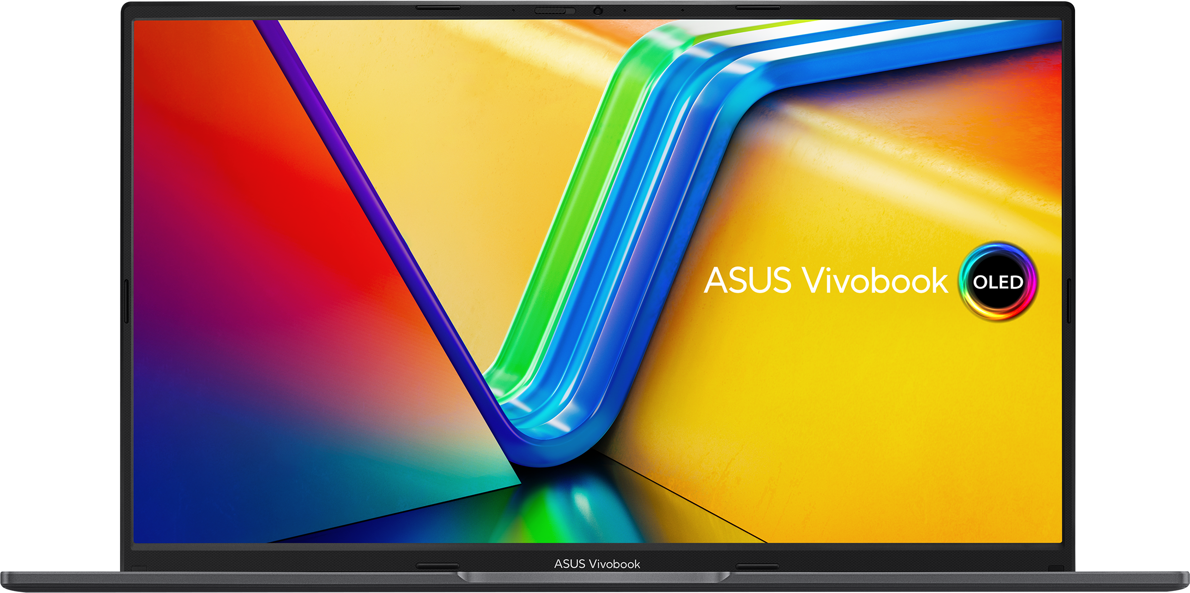 Laptop-Bildschirm zeigt farbenfrohe Wellen. Das ASUS Vivobook-Logo ist sichtbar. Der Bildschirm hat ein OLED-Abzeichen.