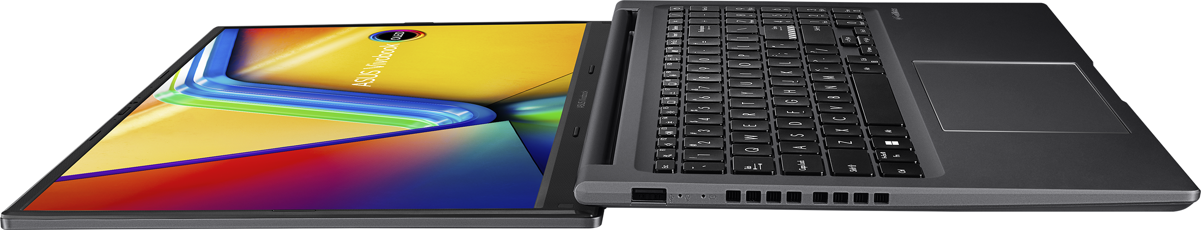 Ein geöffnetes ASUS Vivobook-Laptop. Der Bildschirm zeigt ein farbenfrohes Bild. Tastatur ist sichtbar.