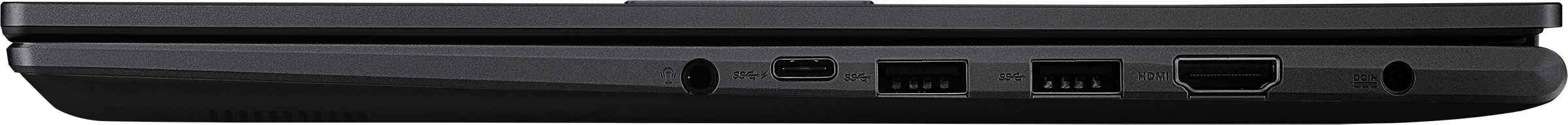Seitenansicht eines schwarzen Laptops mit Anschlüssen: Audio, USB-C, zwei USB-A, HDMI und Stromeingang.