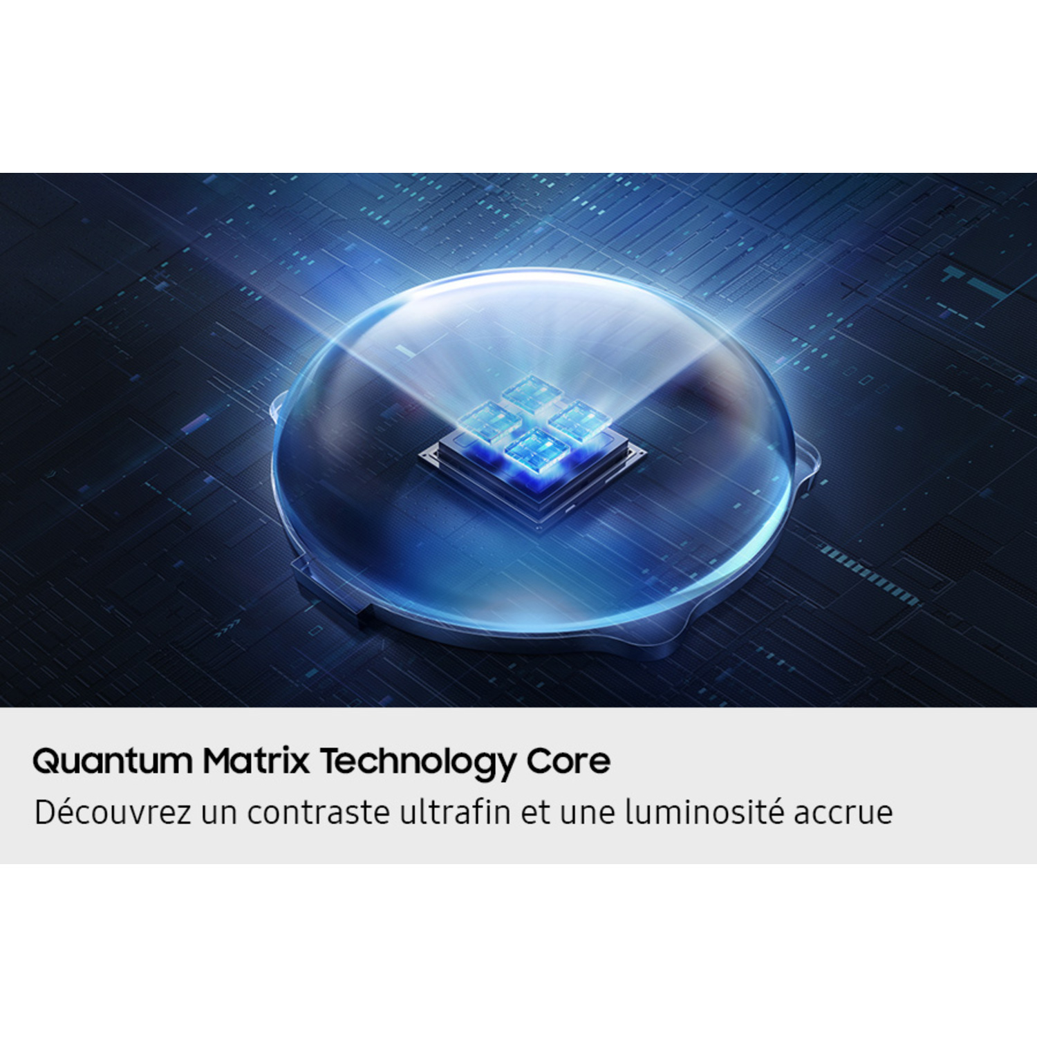 Een futuristische afbeelding met een blauw verlichte microchip in het midden, omringd door een transparante koepel en tekst hieronder.