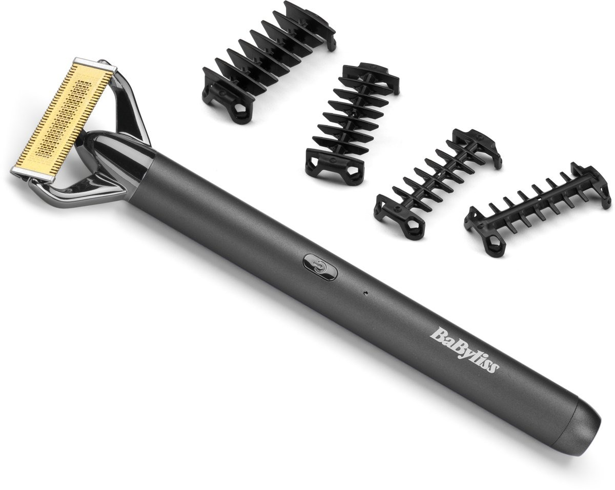 A Babyliss trimmer with blades and four black trimming attachments on a white background. The trimmer is grey.