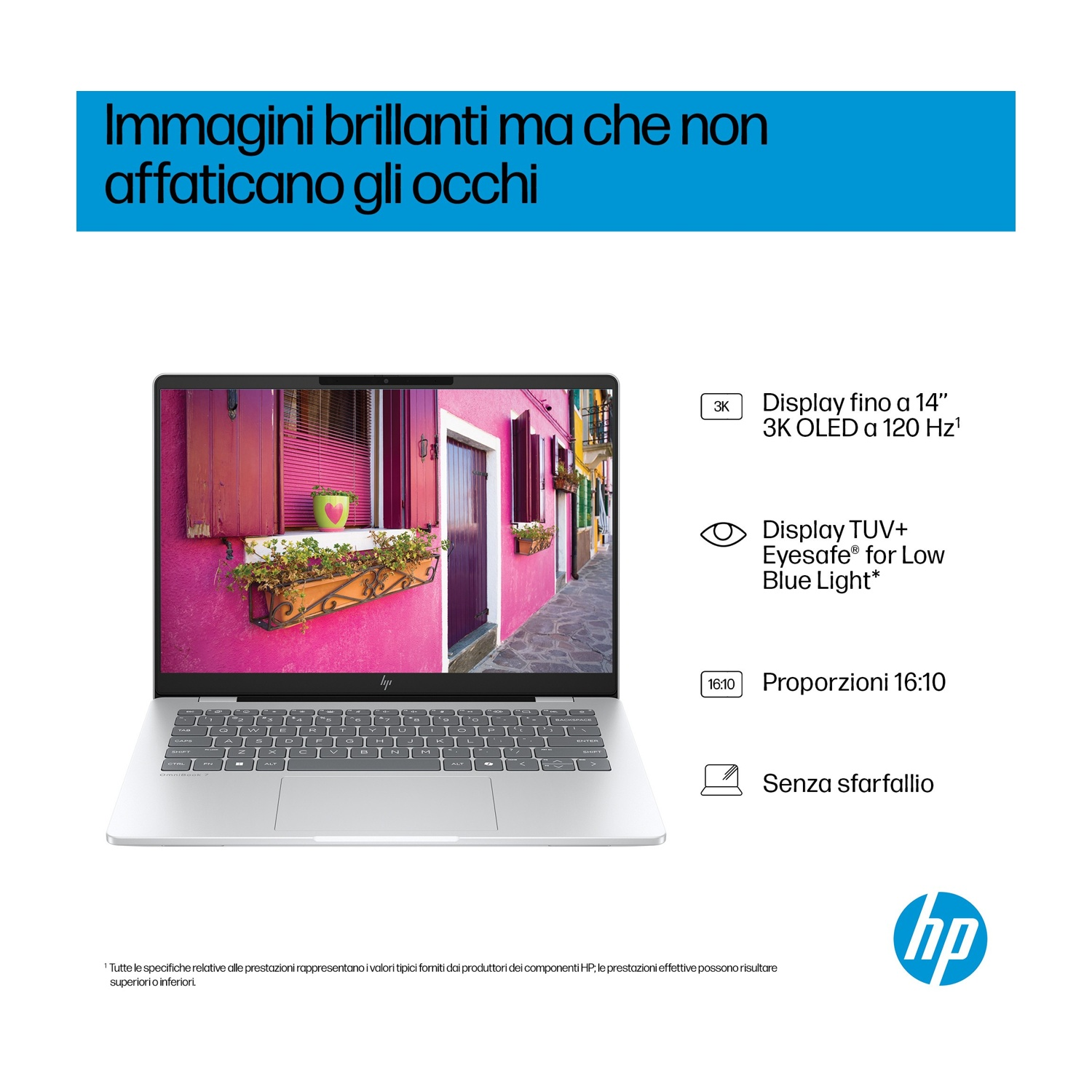 Un laptop HP argento mostra un edificio rosa con una finestra. Il testo include specifiche dello schermo e il logo HP.