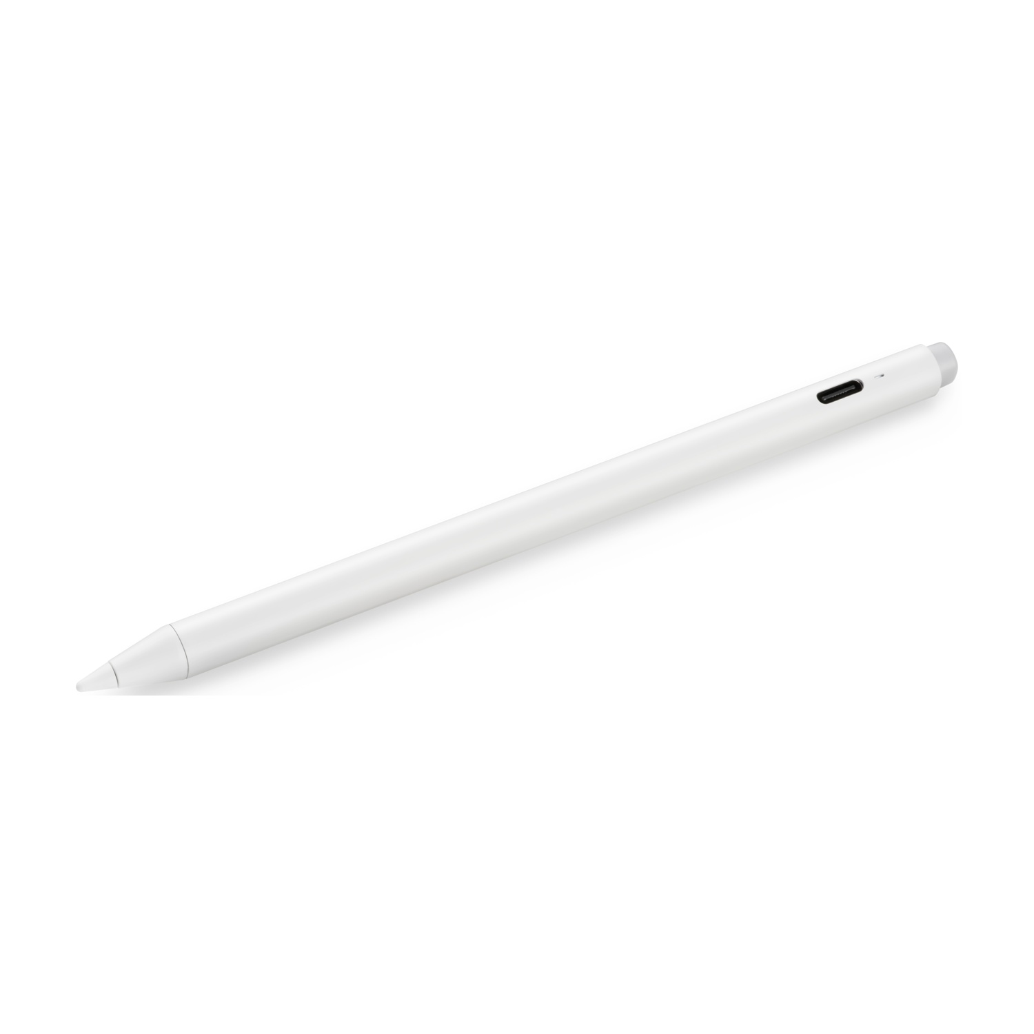 Uno stilo bianco è posizionato diagonalmente su uno sfondo bianco. Lo stilo ha una punta grigia e un pulsante. Lo sfondo è bianco.