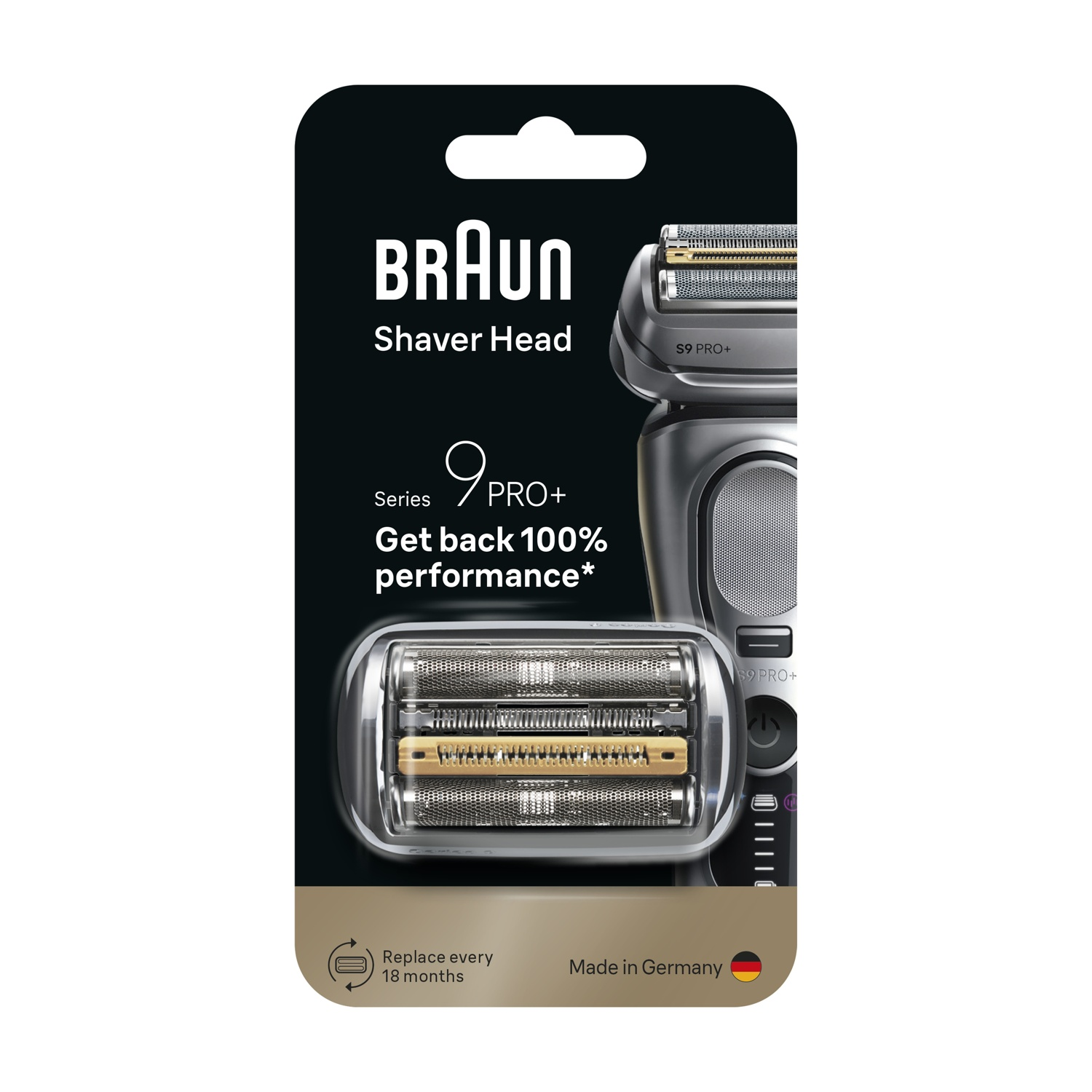 Confezione testina rasoio Braun. Colori nero, argento e oro. Testo include 'Shaver Head', 'S9 PRO+' e 'Made in Germany'.