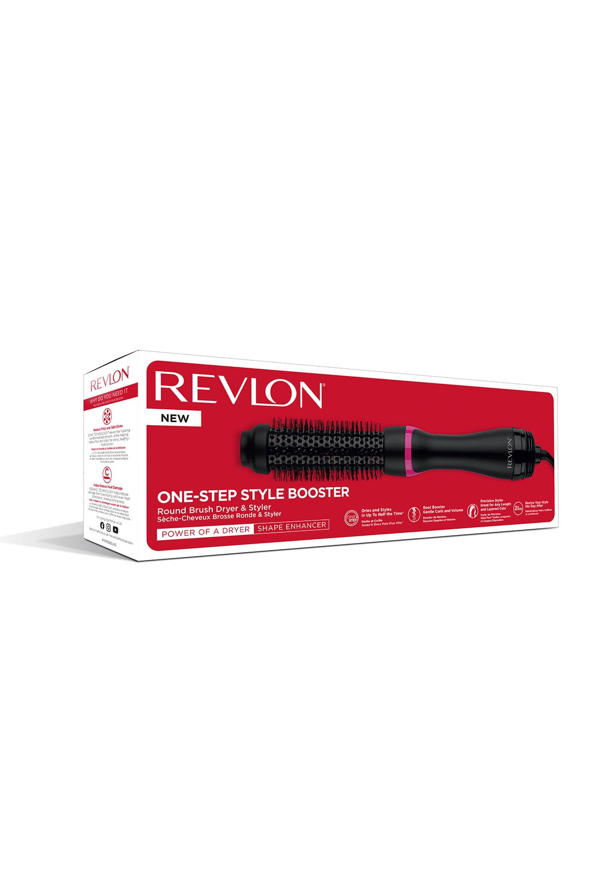 Revlon One-Step Style Booster kutusu. Ön tarafında bir saç kurutma makinesi ve şekillendirici bulunur. Kutu, kırmızı ve siyah metin ve detaylara sahip beyazdır.