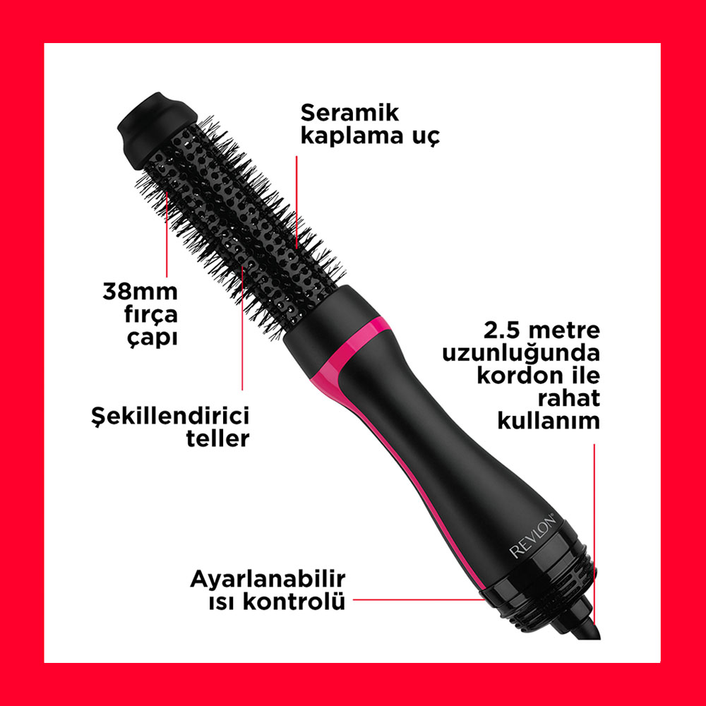 Siyah ve pembe detaylara sahip bir Revlon saç şekillendirme fırçası, teknik özelliklerle etiketlenmiş, kırmızı bir arka plan üzerinde.