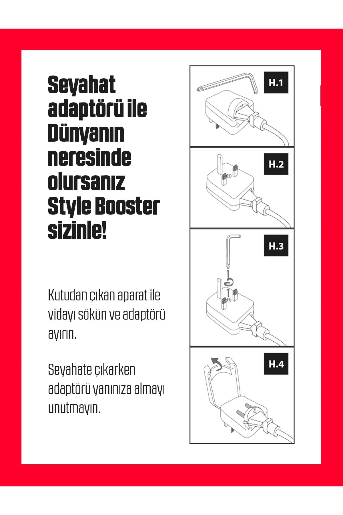 Seyahat adaptörü talimatları. Türkçe metin ve adaptörün sökme adımlarını gösteren şemalar içerir.