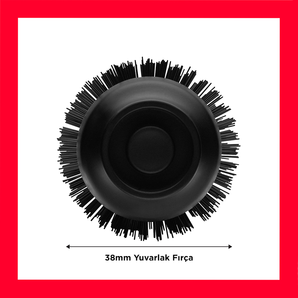 Siyah yuvarlak saç fırçası, kıllarla. Çapı 38 mm'dir. Arka plan beyaz, kırmızı çerçeveli.