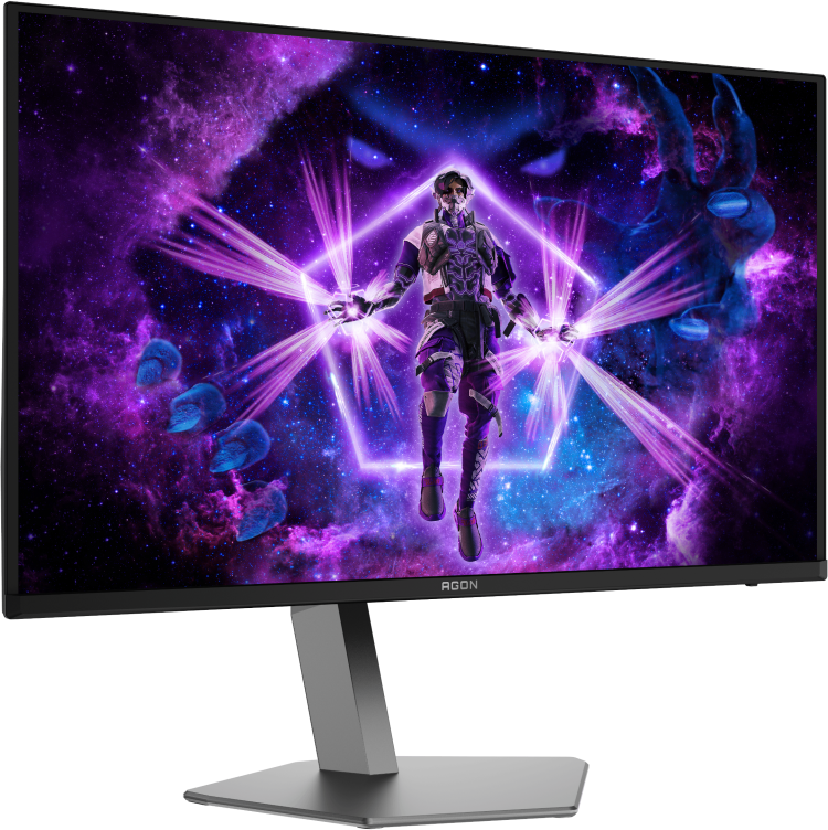 L'écran de jeu affiche une figure futuriste avec des rayons d'énergie dans une scène spatiale. Le moniteur est noir, avec un support argenté.