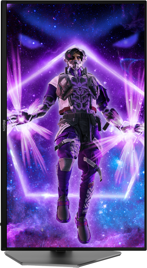 Une figure futuriste se tient avec des faisceaux d'énergie, des couleurs violet et blanc, sur un fond cosmique avec une forme géométrique violette.