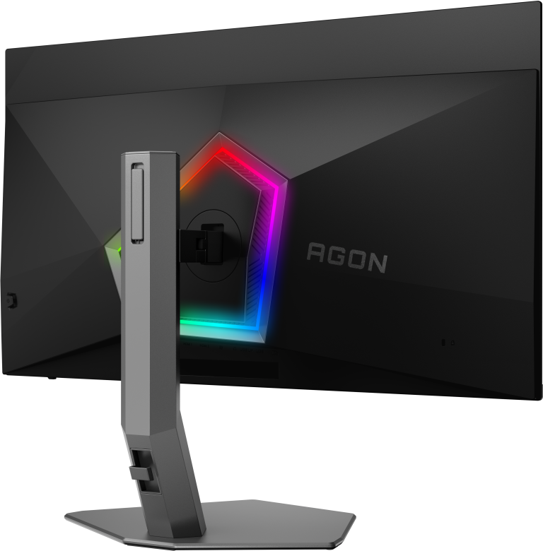 Vue arrière d'un moniteur de jeu AGON noir. Il possède un pied et une bordure LED colorée. Le logo AGON est visible.
