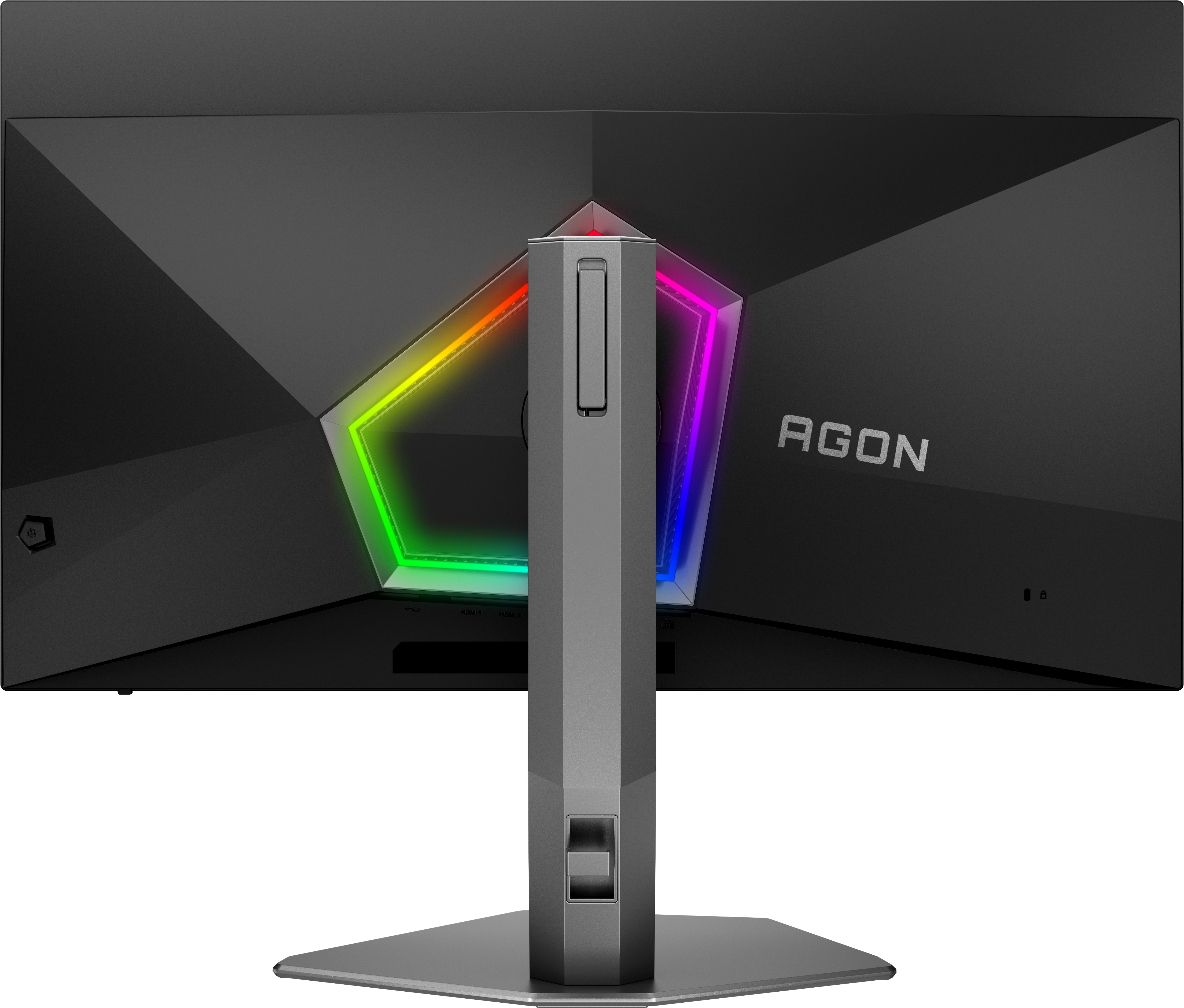 Arrière d'un moniteur noir avec support argenté. Le moniteur a une bordure lumineuse colorée. Le mot AGON est affiché sur le moniteur.