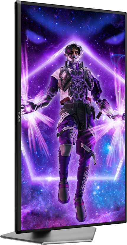 Une figure futuriste avec de l'énergie violette émanant des mains. Le fond présente un ciel étoilé et des formes géométriques brillantes.