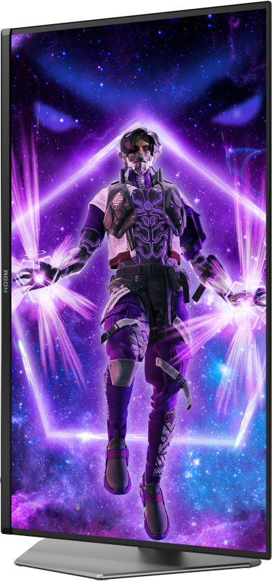 Un personnage futuriste avec une armure violette et des effets d'énergie, sur un fond cosmique dans un écran.