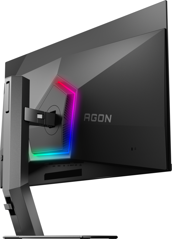 Arrière d'un écran d'ordinateur noir, marque AGON. Il possède des lumières LED colorées et un support.