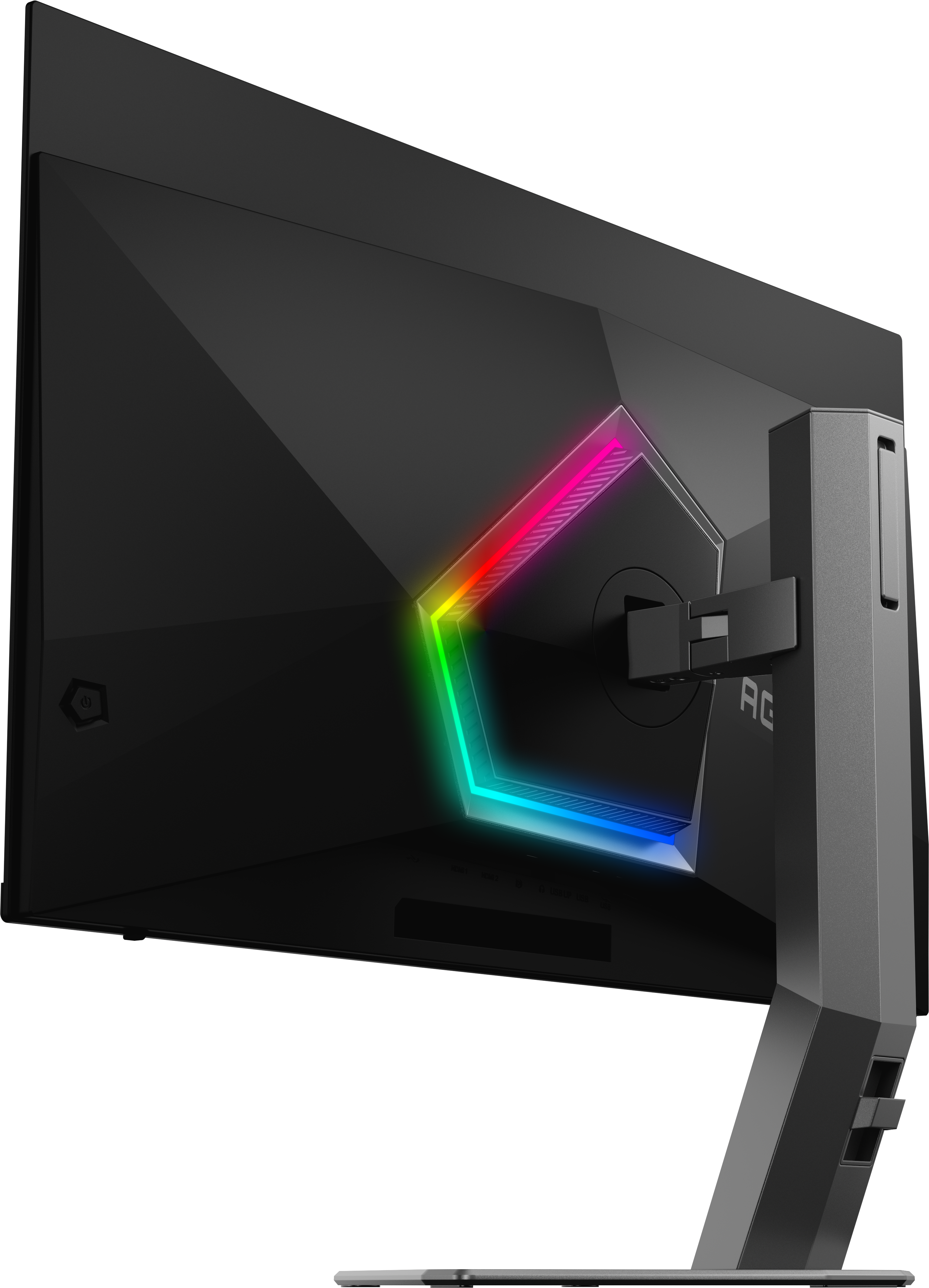 Arrière d'un moniteur de jeu noir avec éclairage LED multicolore. Le support est gris et le fond noir.