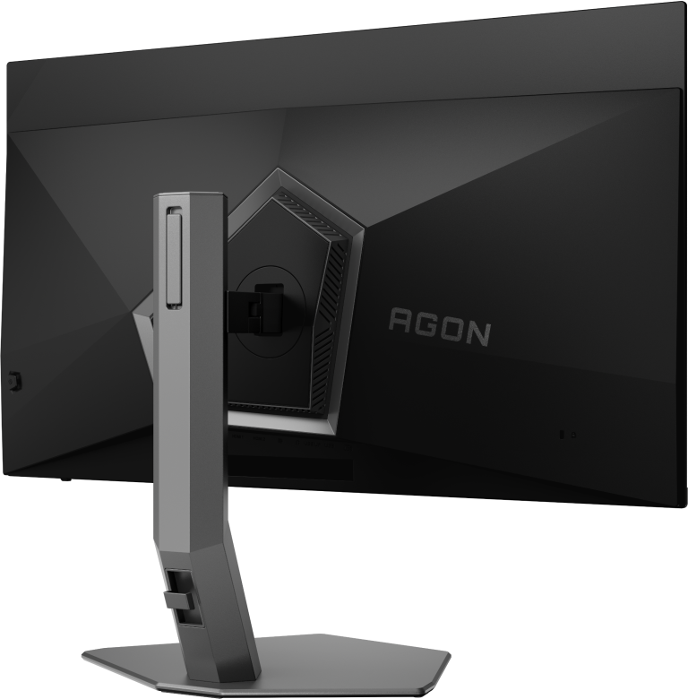 L'arrière d'un moniteur noir. Le support argenté soutient l'écran. Le mot AGON est sur l'écran.