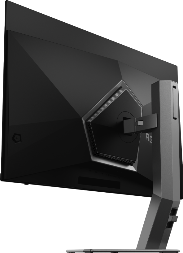 Vue arrière d'un écran d'ordinateur noir. Il a un design géométrique avec un support. La marque AOC est visible.