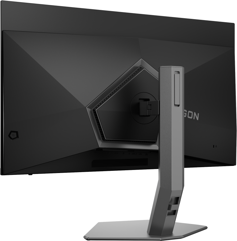 Arrière d'un écran d'ordinateur noir avec un pied argenté. L'écran a un design géométrique avec le mot "AGON".