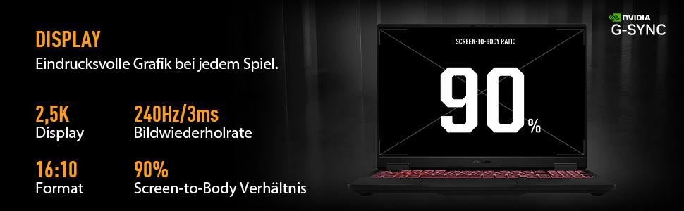 Laptop mit 90 % Bildschirm-zu-Körper-Verhältnis. Weitere Merkmale sind 2,5K Display, 240Hz/3ms Bildwiederholrate und 16:10 Format.