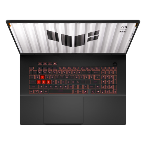 Schwarzer Laptop mit offenem Bildschirm. Rot beleuchtete Tastatur. Bildschirm zeigt weißes und graues Design. Draufsicht.