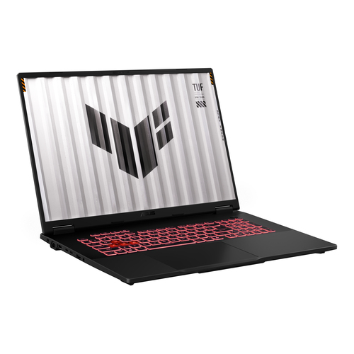 Schwarzer Laptop mit leuchtender roter Tastatur. Der Bildschirm zeigt ein Logo auf gestreiftem Hintergrund. Der Laptop ist geöffnet.